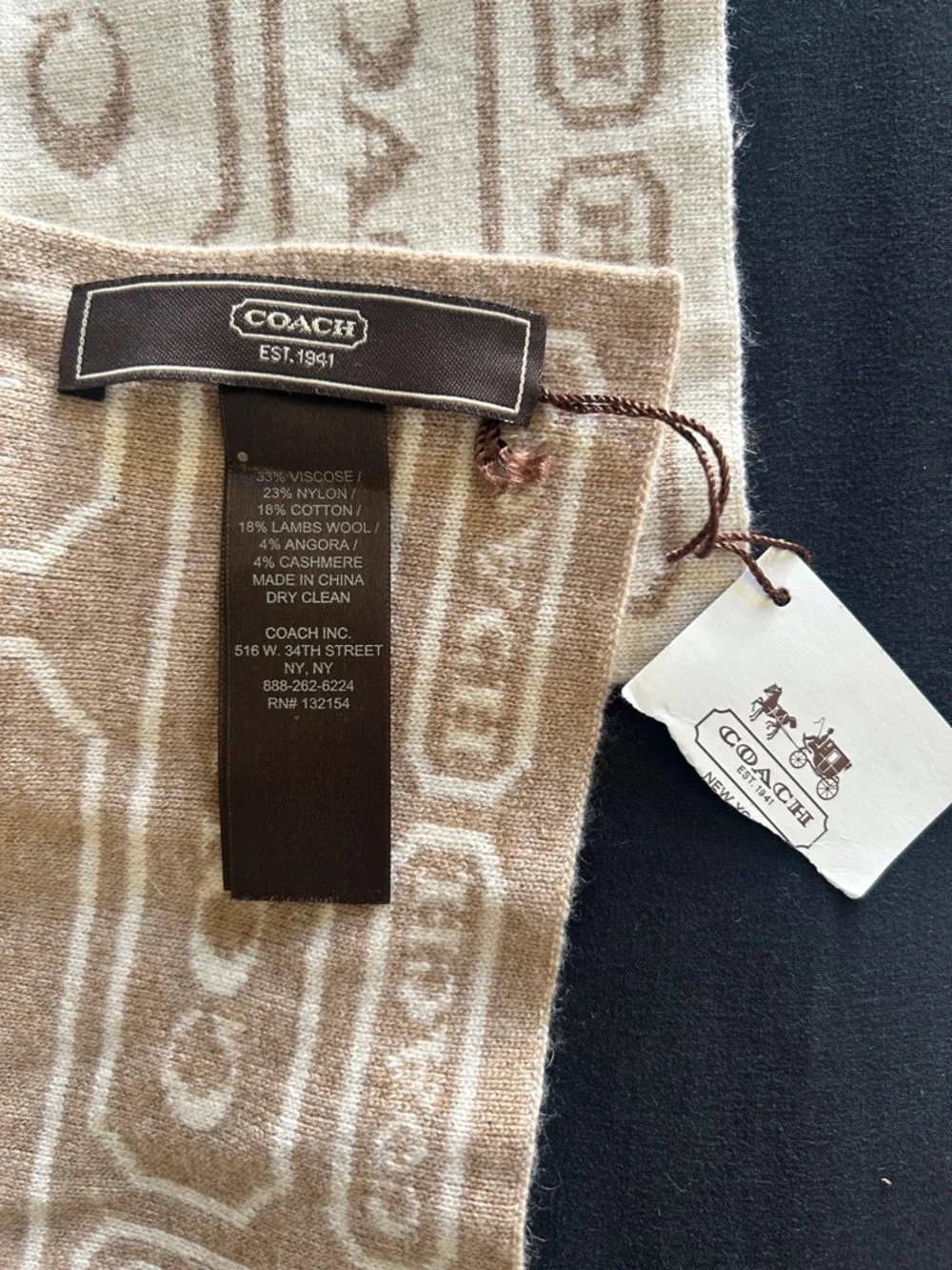 Coach NWT Cashmere & Wool Blend Reversible Logo Scarf in Beige and Light Taupe